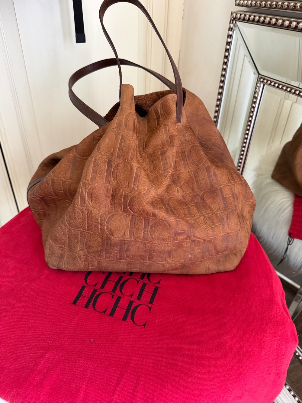 Carolina Herrera Tan Embossed CH Monogram Shoulder Tote Bag - Picture 4 of 14
